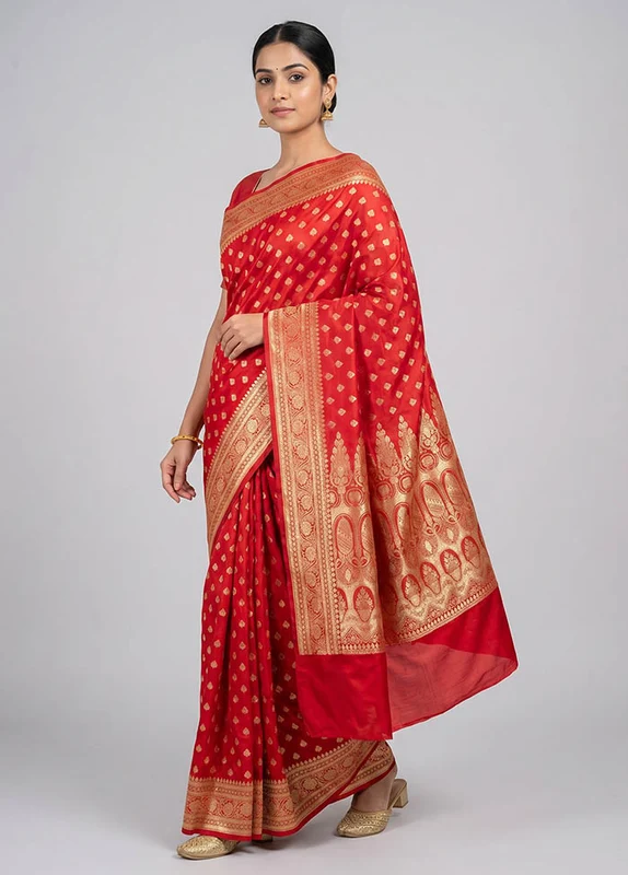 Red Banarasi Silk Saree With Blouse Piece One Size