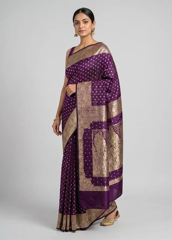 Purple Banarasi Silk Saree With Blouse Piece One Size