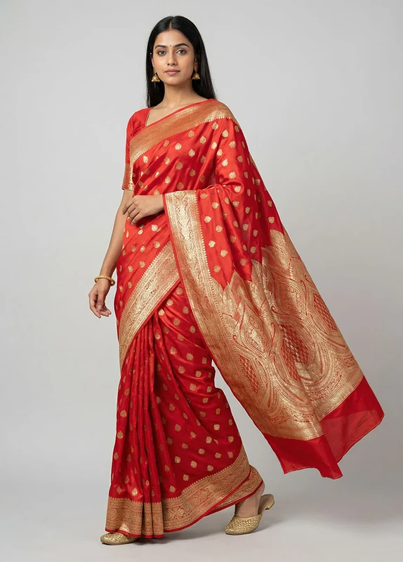 Red Banarasi Silk Saree With Blouse Piece One Size