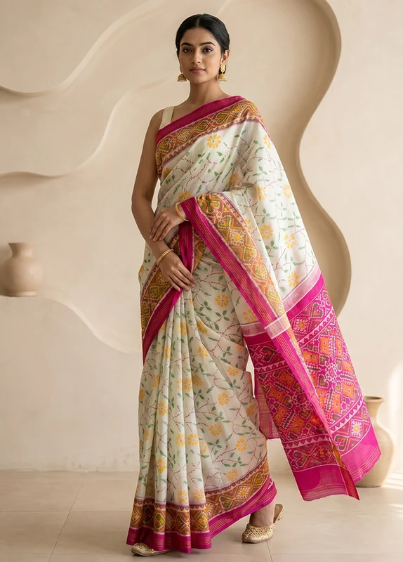 Pink Handloom Patola Pure Silk Saree With Blouse Piece One Size