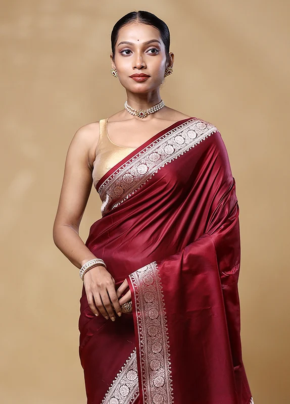 Maroon Katan Silk Saree With Blouse Piece Onesize