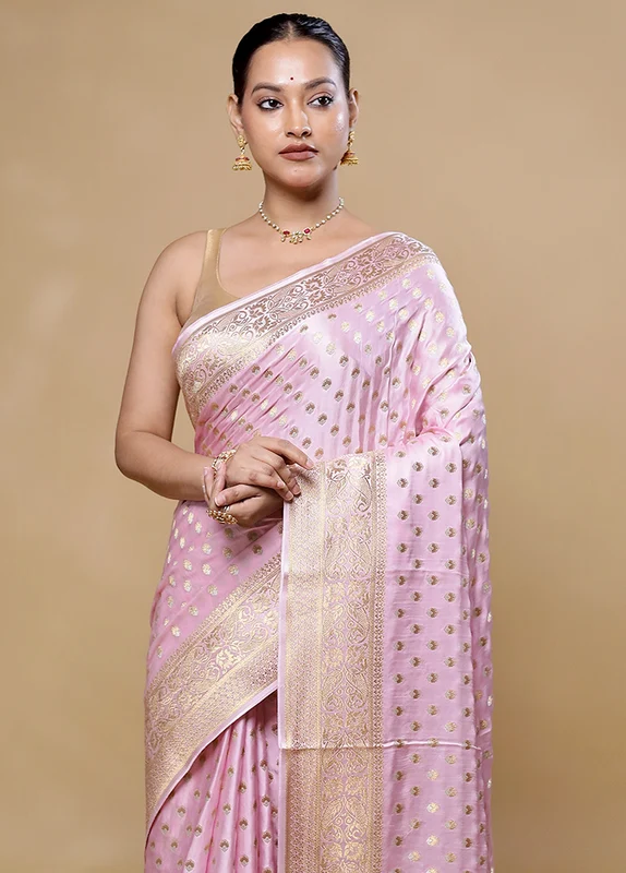 Pink Handloom Pure Georgette Saree With Blouse Piece Onesize