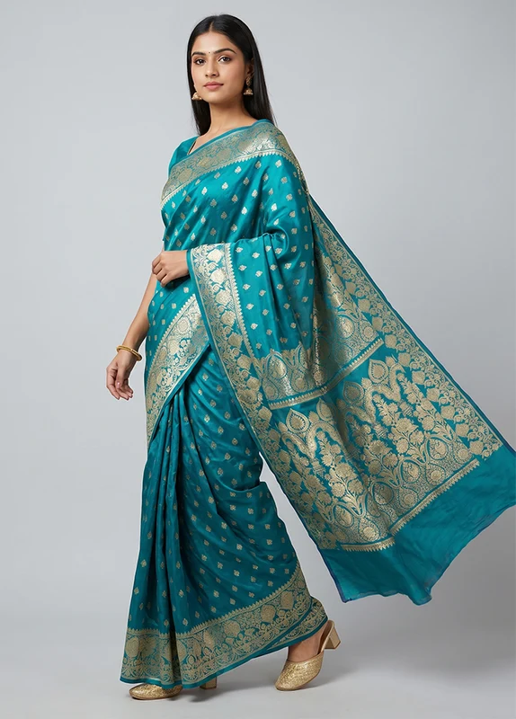 Blue Handloom Banarasi Pure Silk Saree With Blouse Piece One Size