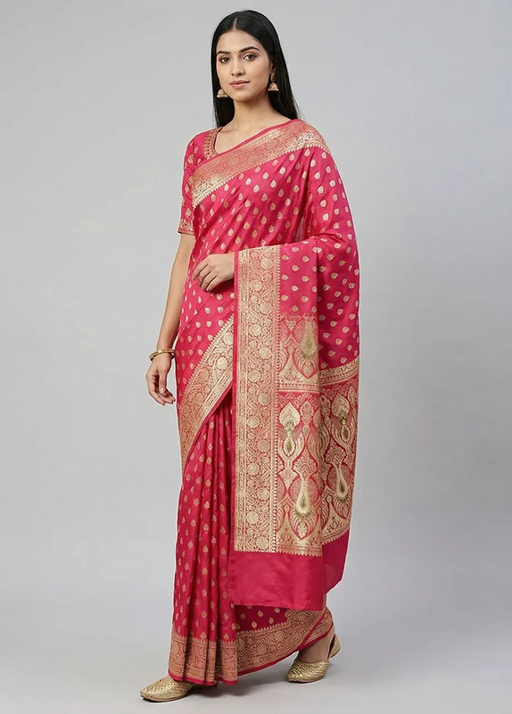 Red Handloom Banarasi Pure Silk Saree With Blouse Piece One Size