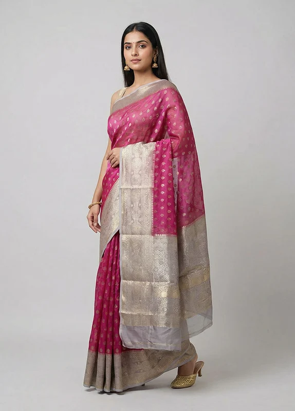 Pink Handloom Kora Pure Silk Saree With Blouse Piece One Size
