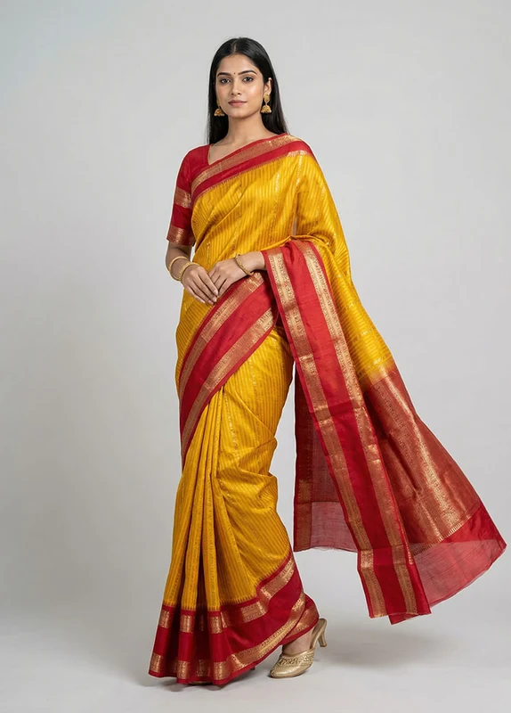 Yellow Handloom Dupion Pure Silk Saree With Blouse Piece One Size