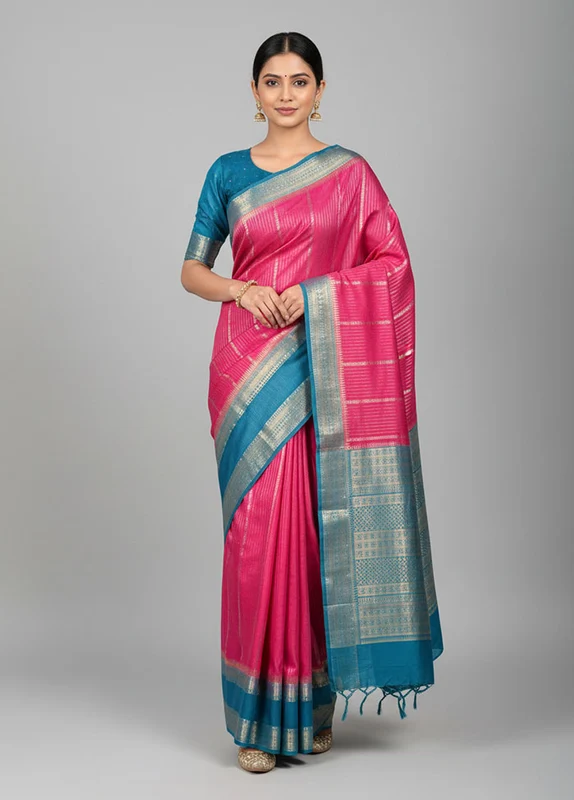 Pink Handloom Dupion Pure Silk Saree With Blouse Piece One Size