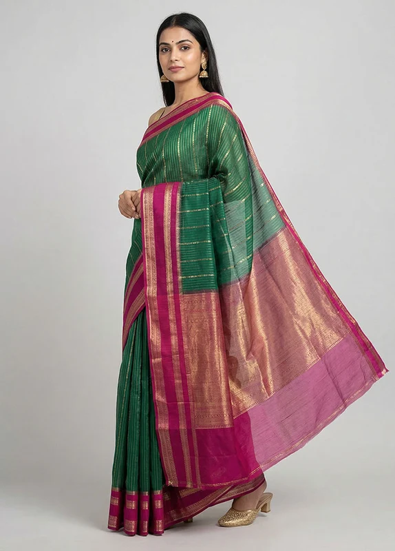 Green Handloom Dupion Pure Silk Saree With Blouse Piece One Size