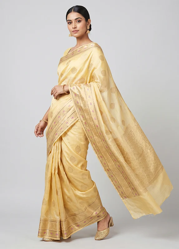 Yellow Handloom Dupion Pure Silk Saree With Blouse Piece One Size