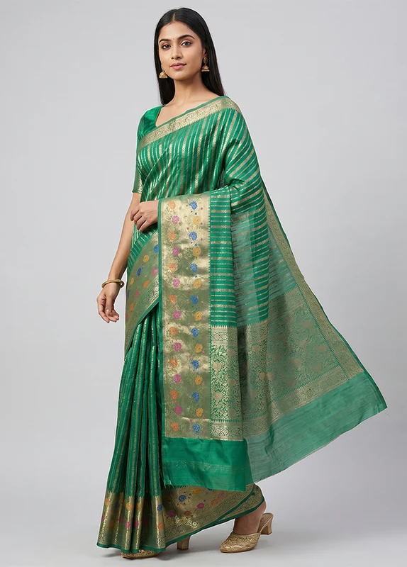 Green Handloom Dupion Pure Silk Saree With Blouse Piece One Size