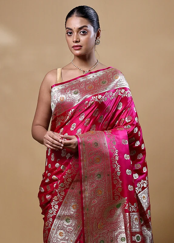 Pink Banarasi Silk Saree With Blouse Piece Onesize