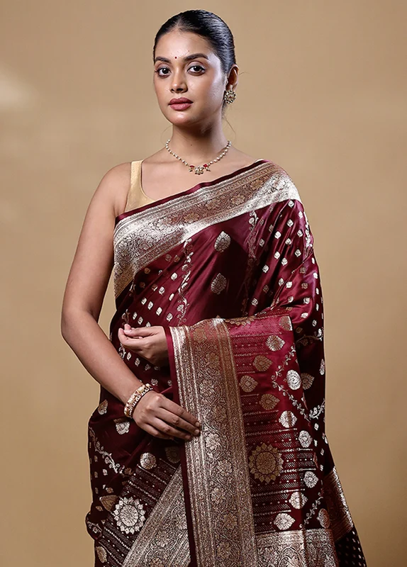 Maroon Banarasi Silk Saree With Blouse Piece Onesize