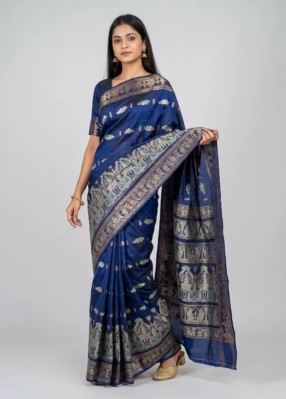 Blue Handloom Baluchari Pure Silk Saree With Blouse Piece One Size
