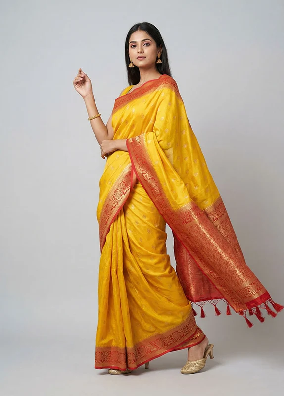 Yellow Dupion Silk Saree With Blouse Piece One Size
