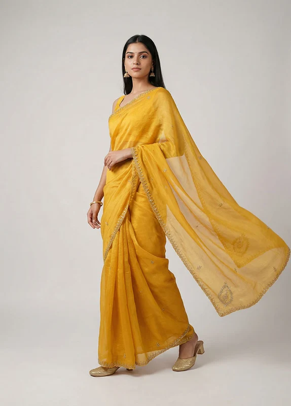 Blue Georgette Saree With Blouse Piece One Size