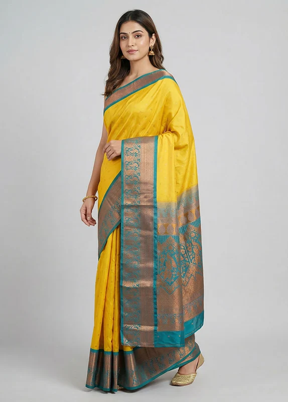 Yellow Kanjivaram Silk Saree With Blouse Piece One Size