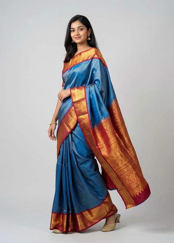 Blue Kanjivaram Silk Saree With Blouse Piece One Size