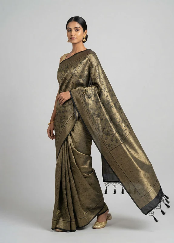 Black Dupion Silk Saree With Blouse Piece One Size