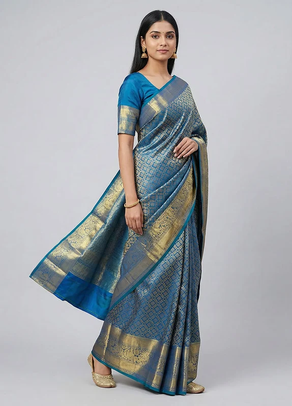 Blue Handloom Kanchipuram Pure Silk Saree With Blouse Piece One Size