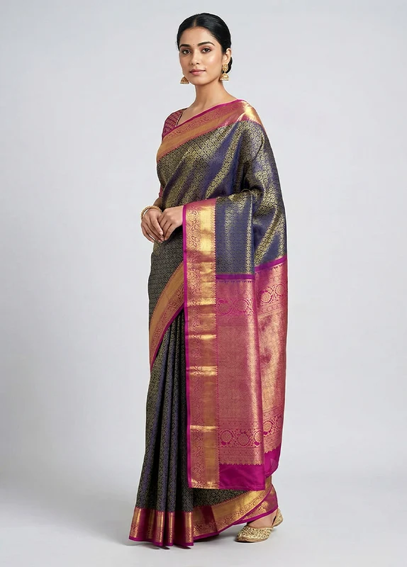 Blue Handloom Kanchipuram Pure Silk Saree With Blouse Piece One Size