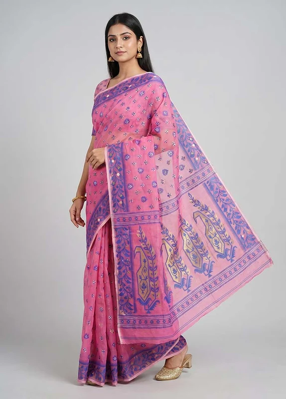 Pink Jamdani Cotton Saree Without Blouse Piece One Size
