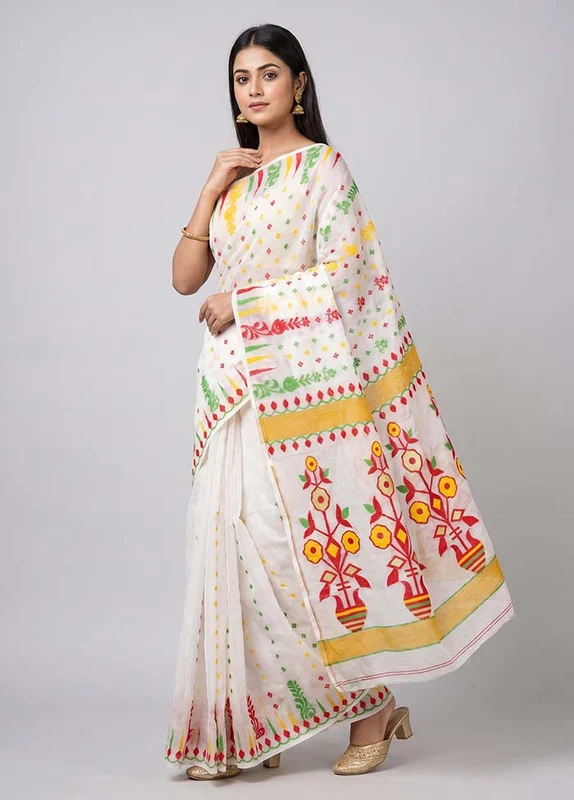 White Jamdani Cotton Saree Without Blouse Piece One Size