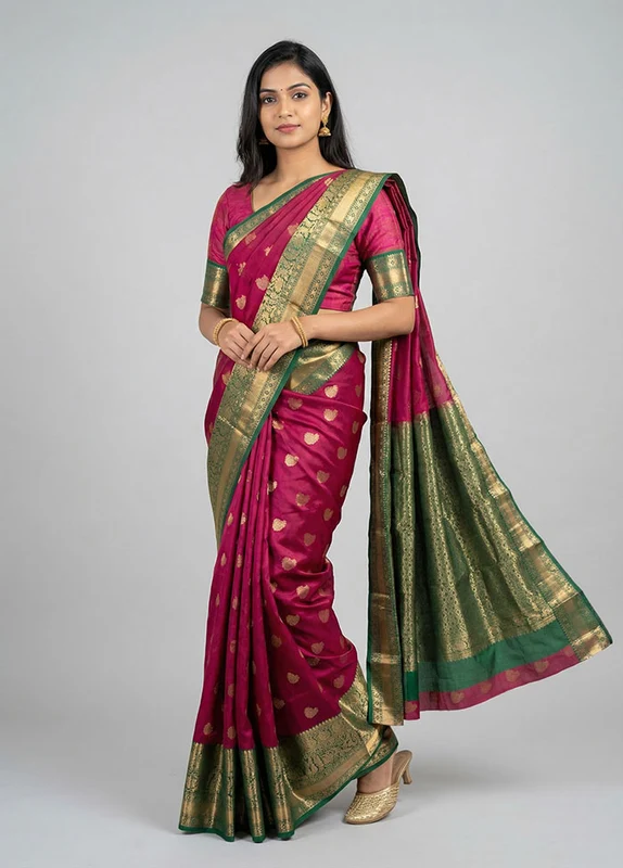 Maroon Handloom Kanchipuram Pure Silk Saree With Blouse Piece One Size