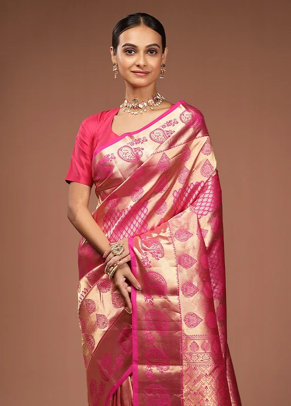 Pink Handloom Kanjivaram Pure Silk Saree With Blouse Piece Onesize