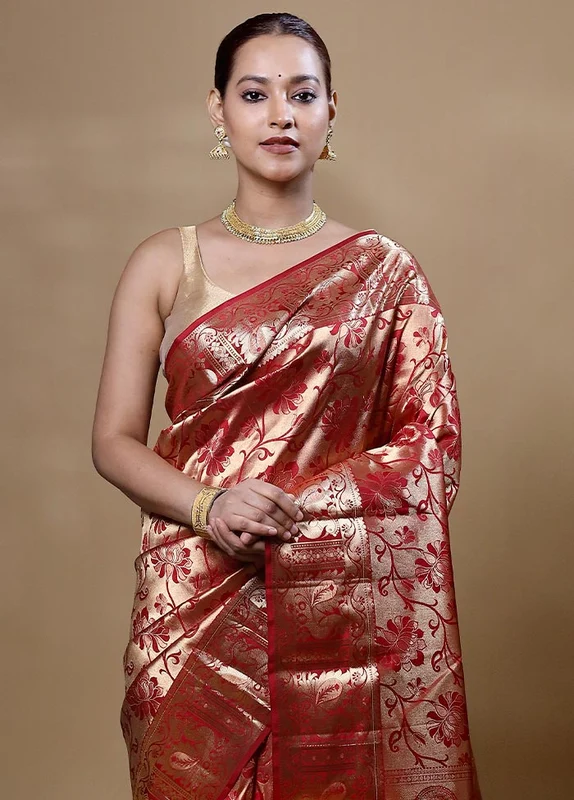 Peach Handloom Kanjivaram Pure Silk Saree With Blouse Piece Onesize