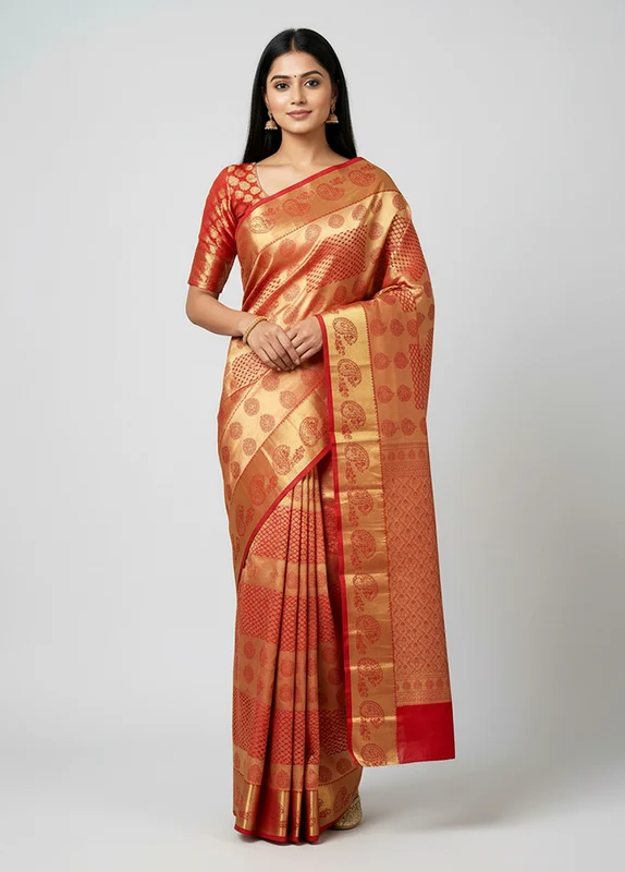 Red Handloom Kanjivaram Pure Silk Saree With Blouse Piece One Size