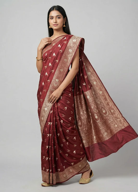 Maroon Dupion Silk Saree With Blouse Piece One Size
