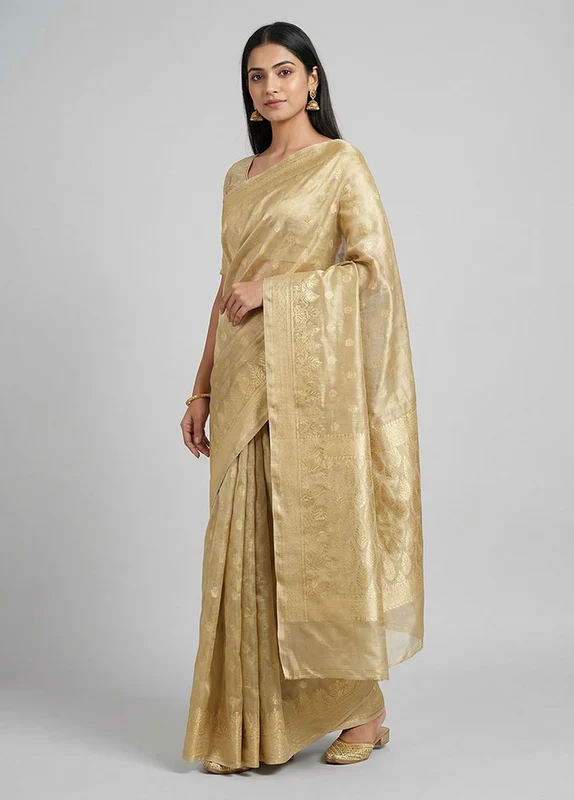 Gold Tissue Silk Saree With Blouse Piece One Size
