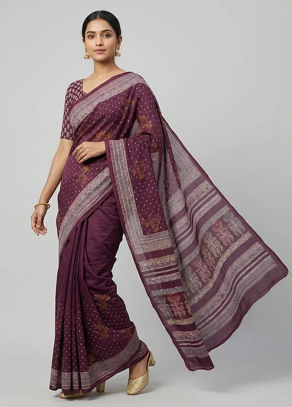 Maroon Printed Pure Silk Saree Without Blouse Piece One Size