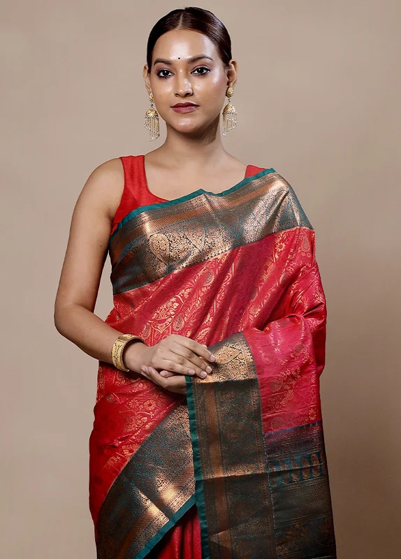 Red Kanjivaram Silk Saree With Blouse Piece Onesize