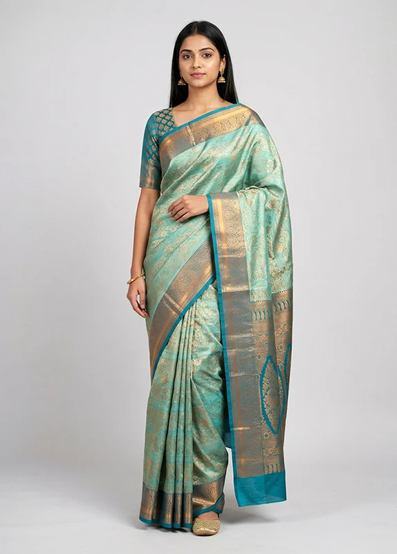 Blue Kanjivaram Silk Saree With Blouse Piece One Size