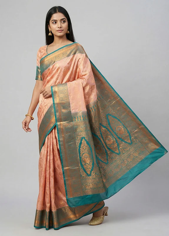 Pink Kanjivaram Silk Saree With Blouse Piece One Size