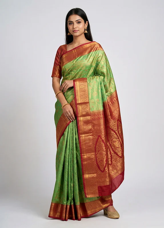 Green Kanjivaram Silk Saree With Blouse Piece One Size