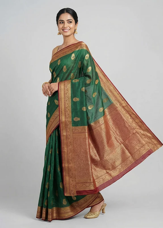 Green Dupion Silk Saree With Blouse Piece One Size