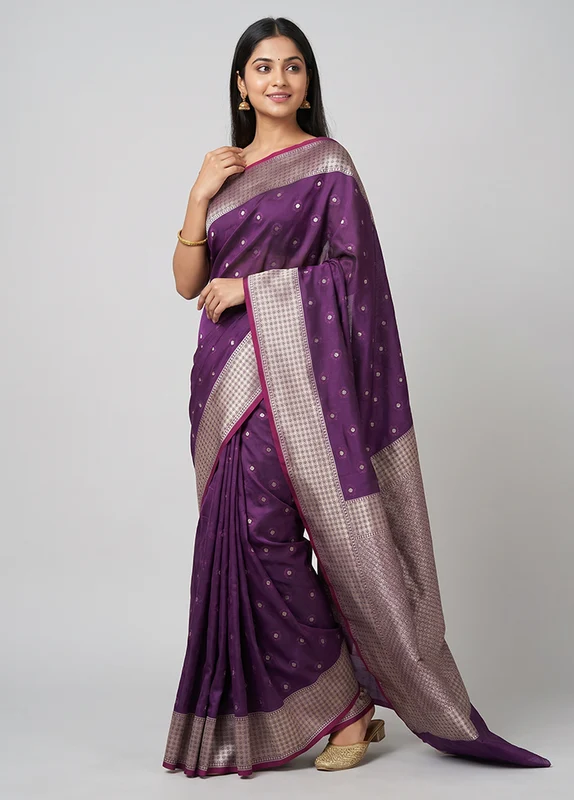 Purple Katan Silk Saree With Blouse Piece One Size