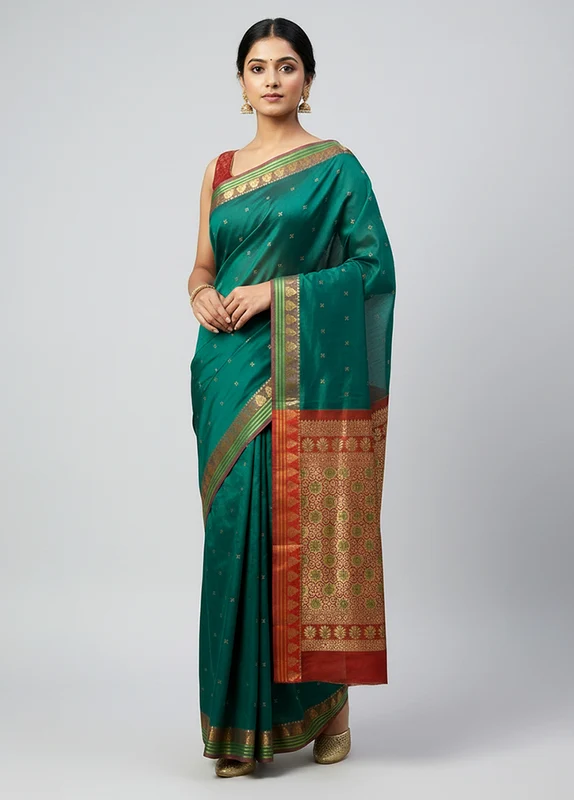 Green Kanjivaram Silk Saree With Blouse Piece One Size