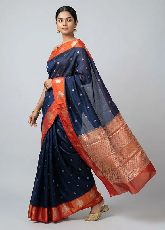 Blue Dupion Silk Saree With Blouse Piece One Size