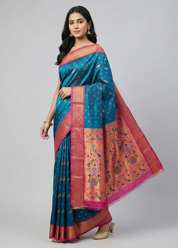 Blue Kanjivaram Silk Saree With Blouse Piece One Size