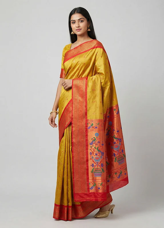 Yellow Kanjivaram Silk Saree With Blouse Piece One Size