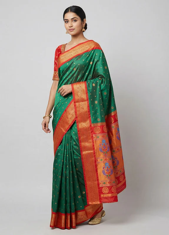 Green Kanjivaram Silk Saree With Blouse Piece One Size