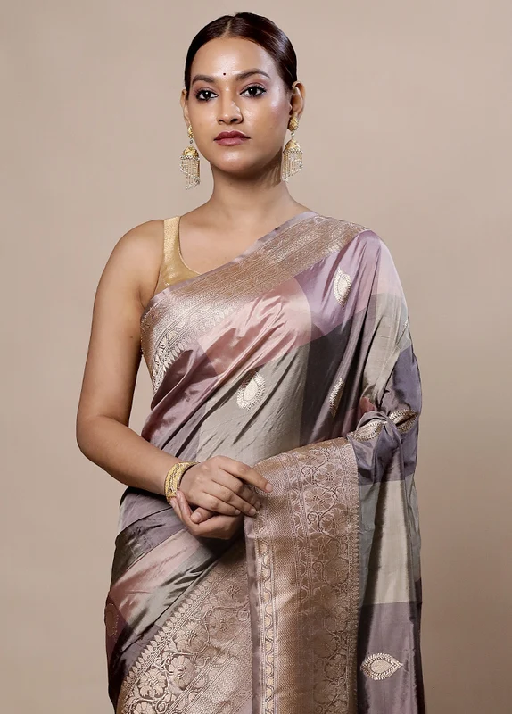 Grey Handloom Katan Pure Silk Saree With Blouse Piece Onesize