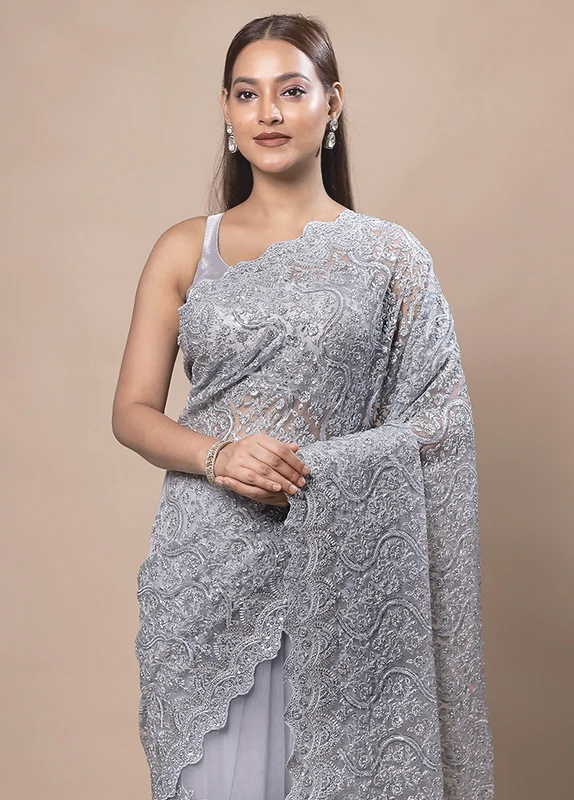 Grey Handloom Tissue Pure Silk Saree With Blouse Piece Onesize