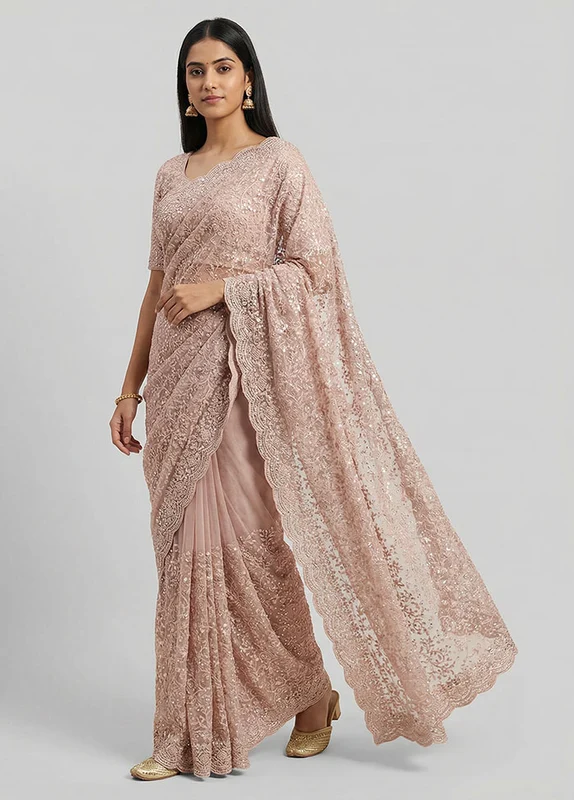 Pink Handloom Pure Georgette Saree With Blouse Piece One Size
