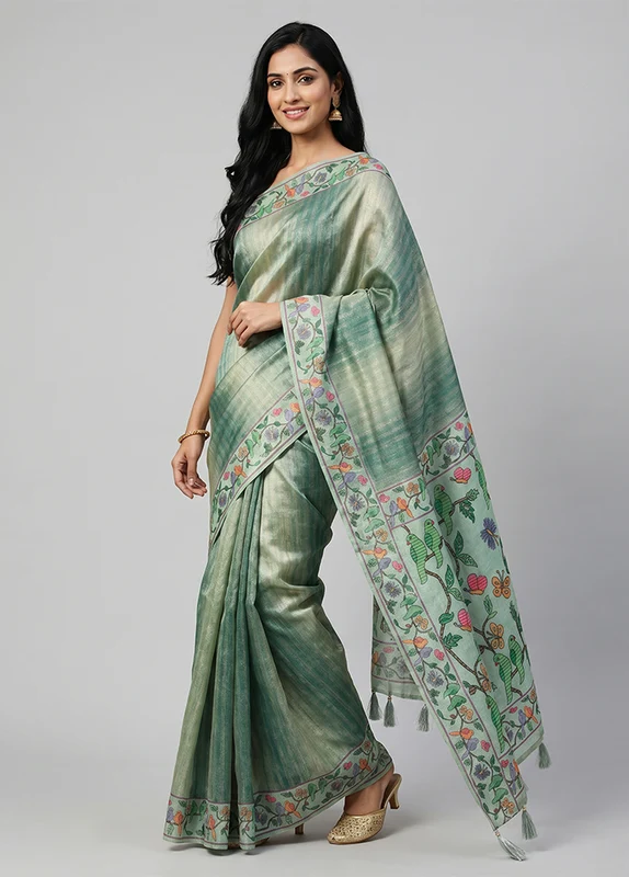 Green Tissue Silk Saree With Blouse Piece One Size