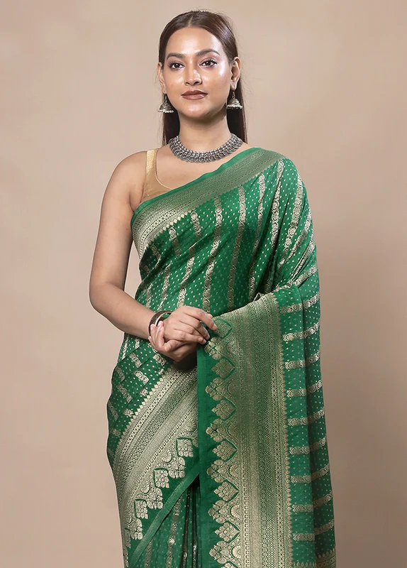 Green Dupion Silk Saree With Blouse Piece Onesize