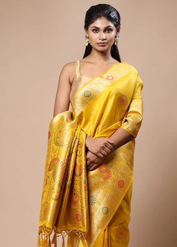 Yellow Tissue Silk Saree With Blouse Piece Onesize